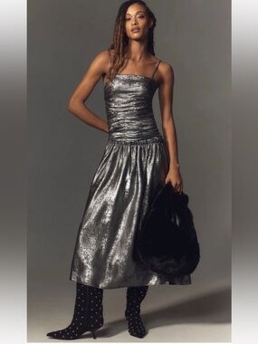 La Maise Studio Ruched Drop-Waist Foil
Midi Dress NWT Large